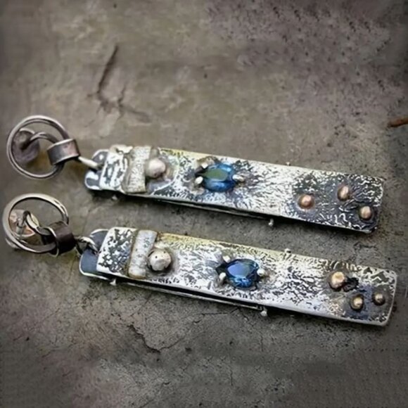 NEW Laken Pewter and Sapphire Blue Crystal Handmade Boho Drop Earrings - Picture 2 of 3